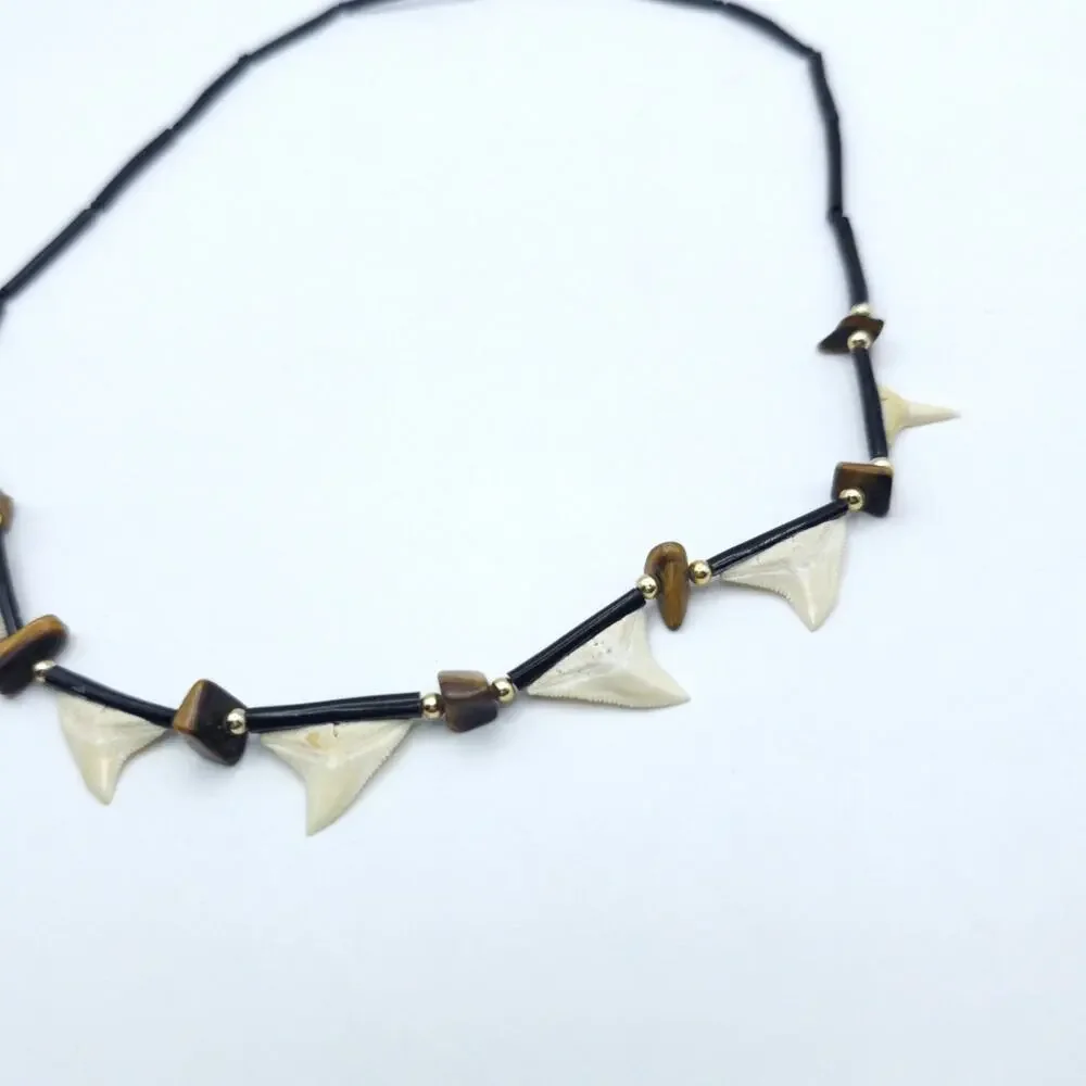 Vintage Shark Tooth Black Coral Tigers Eye Beaded Necklace 19